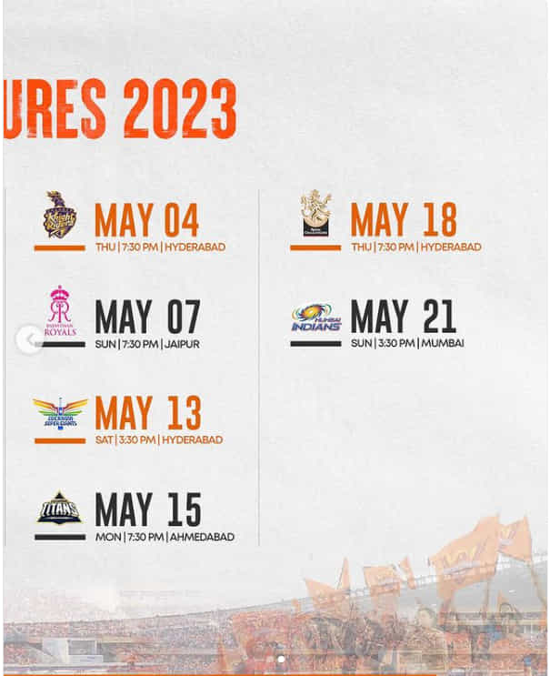 Sunrisers Hyderabad IPL Schedule 2023