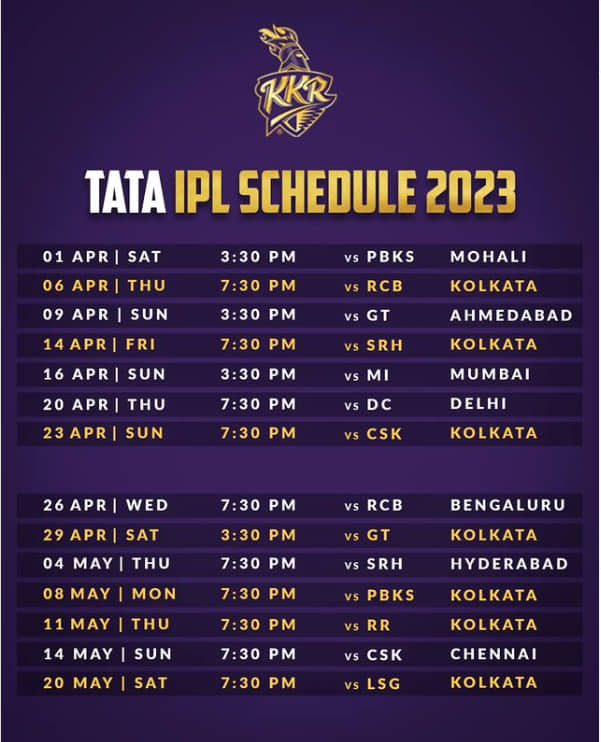 Kolkata Knight Riders Match Schedule